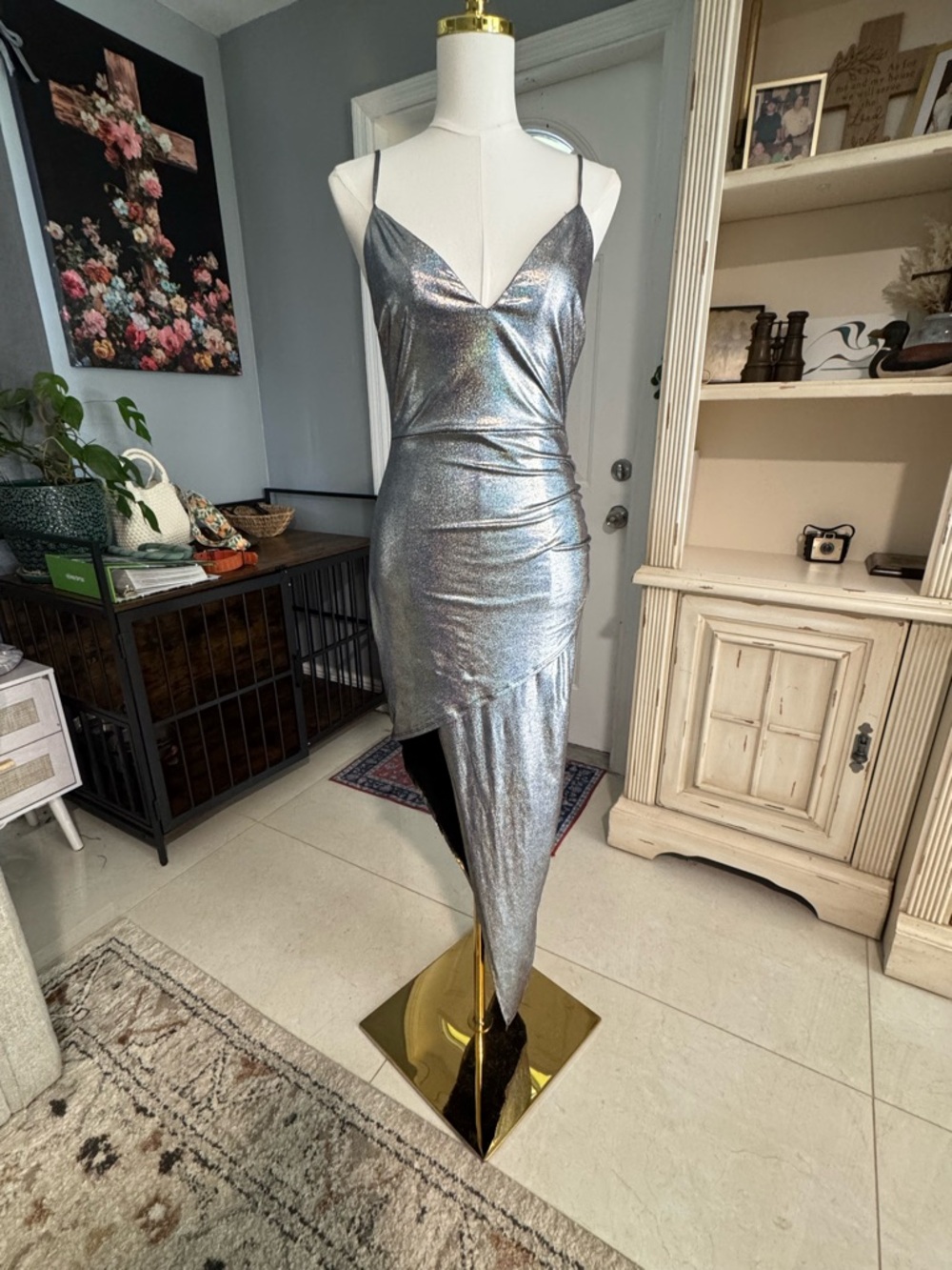 Holographic Silver Asymmetrical Slip Dress